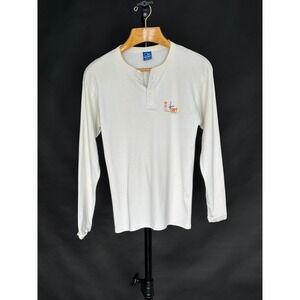 Ocean Pacific Shirt Mens L Cream Long Sleeve Henley Retro 1972 Distressed Cotton